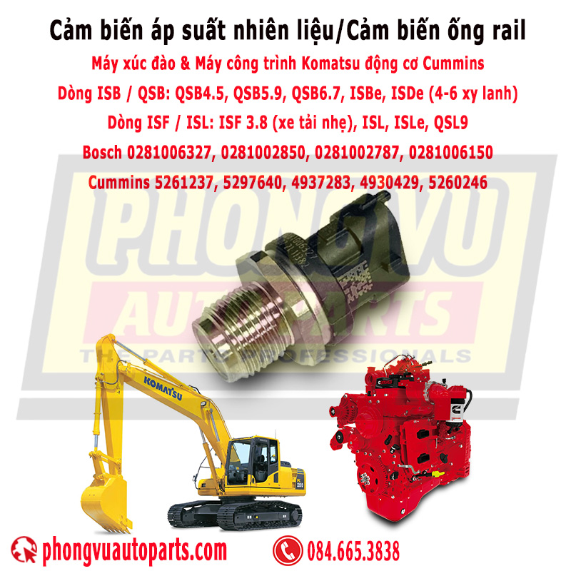 Cảm Biến Áp Suất Rail 4937283, 5261237 - Dùng Cho Động Cơ Cummins QSB6.7 & Máy Komatsu PC200-8, Komatsu 6754-72-1212, 6754721212, 6754-72-1210, Cummins 5261237, 5297640, 4937283, 4930429, 5260246
