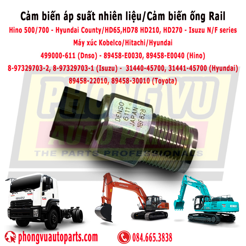 Cảm Biến Áp Suất Rail Denso 499000-6111 Dùng Cho Hyundai, Isuzu, Hino, Máy Xúc  89458-E0030 89458-E0040
