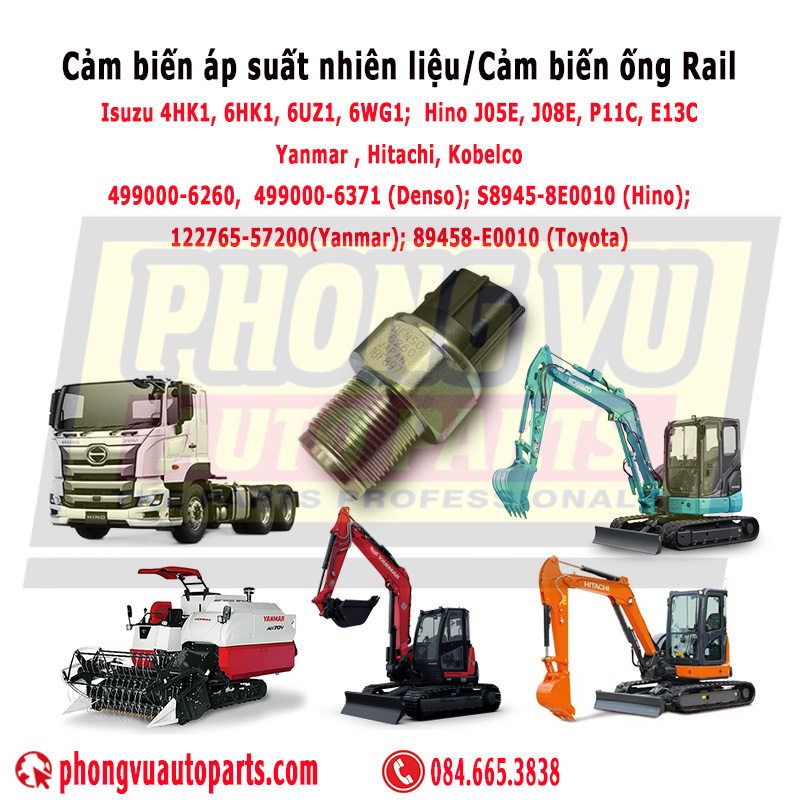 Cảm Biến Áp Suất Ống Rail 499000-6260: Giải Pháp Tối Ưu Cho Yanmar YH850, Hino 500 và Kobelco SK200-8, 499000-6370 (Heavy-duty), 499000-6371