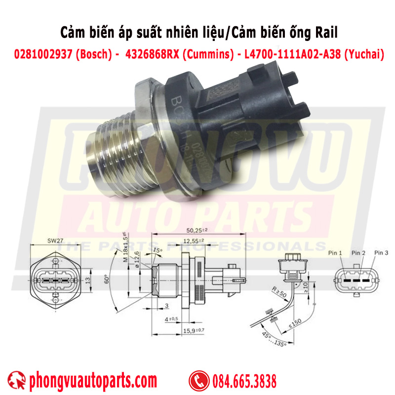 Cảm Biến Áp Suất Nhiên Liệu 0281002937 Bosch - Cummins: 3974092, 5297641, 5261237 Volvo: 20792328, 21548196 MAN: 51274210229, 51274210179 Renault: 5010477864, 7420792328 Fiat, Alfa Romeo: 55190763, 55195078 Yuchai: L4700-1111A02-A38 Dongfeng, Weichai: 612600081585
