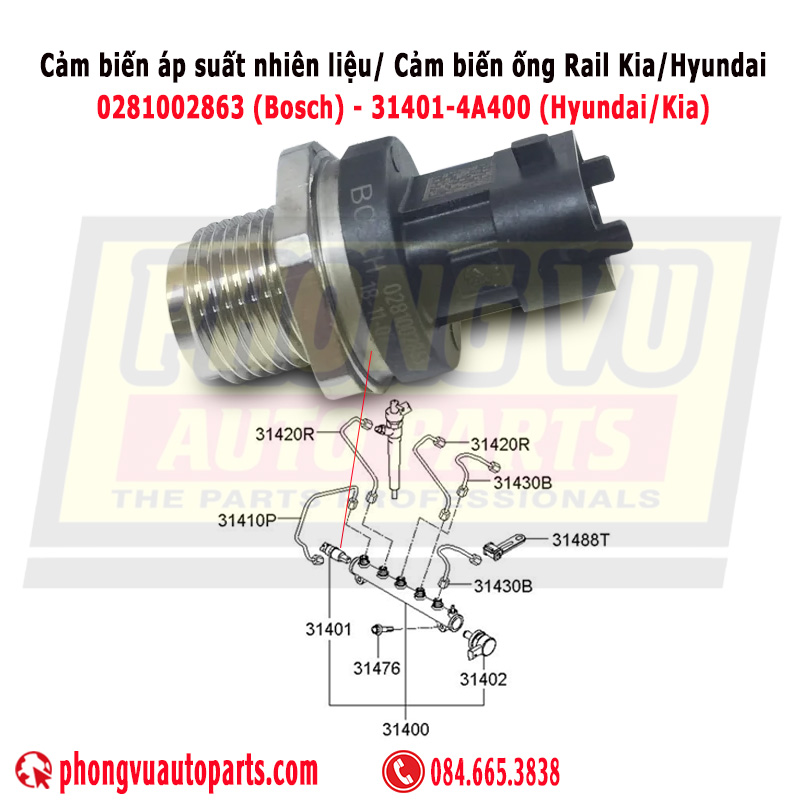Cảm Biến Áp Suất Nhiên Liệu 0281002863 - 0281002863 Kia Hyundai - Cảm biến ống Rail Kia Hyundai