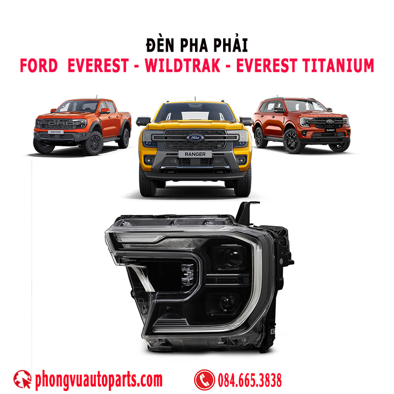 Mã phụ tùng N1WZ13100U: Đây là đèn pha phải cho các mẫu xe Ford Ranger Wildtrak, Storm Track, Raptor và Ford Everest Titanium 2023, 2024, 2025.