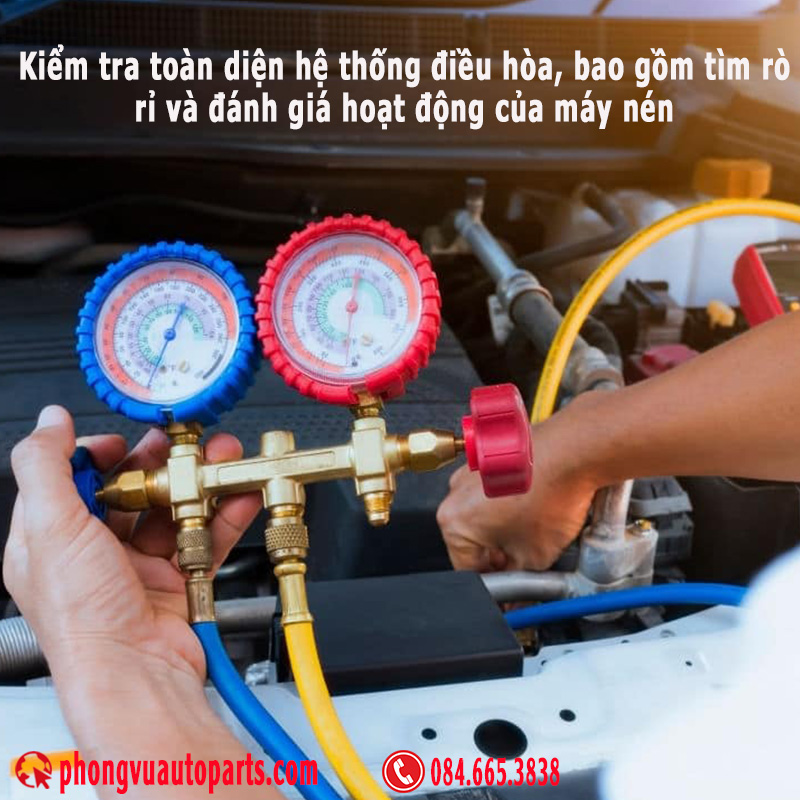 Kiểm tra toàn diện hệ thống điều hòa, bao gồm tìm rò rỉ Ga và đánh giá hoạt động của máy nén. Nếu phát hiện rò rỉ Ga, họ sẽ sửa chữa và nạp lại lượng Ga phù hợp