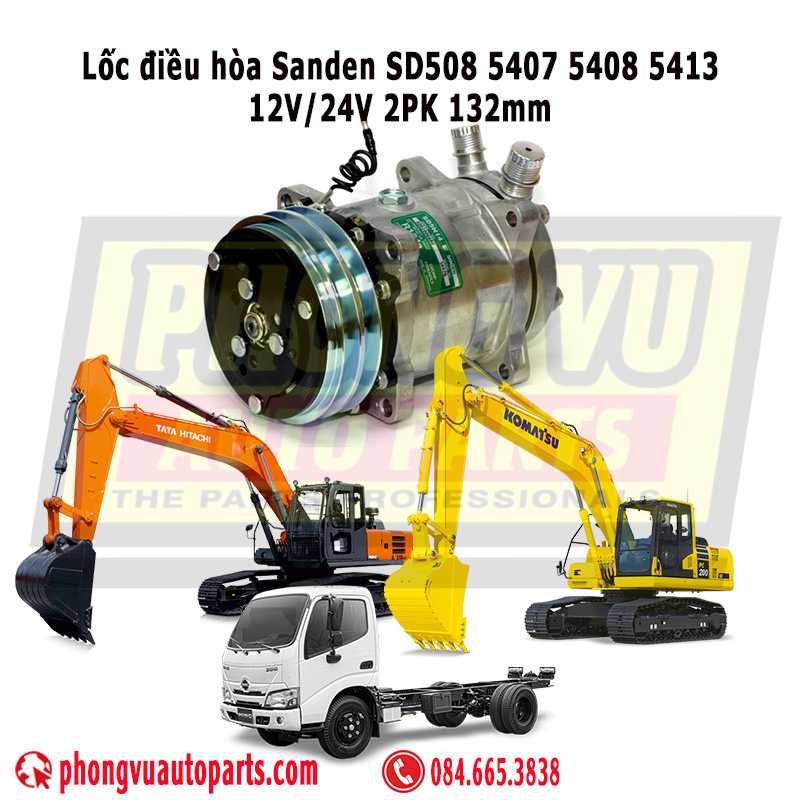 Lốc điều hòa Sanden SD508 5407 5408 5413 12V/24V 2PK 132mm, Lốc điều hòa máy xúc Komatsu PC200-6LC PC250LC-6LC PC220LC-6LC PC210LC-6LC PC300LC-6LC PC400LC-6LC - 425-963-A230 425963A230