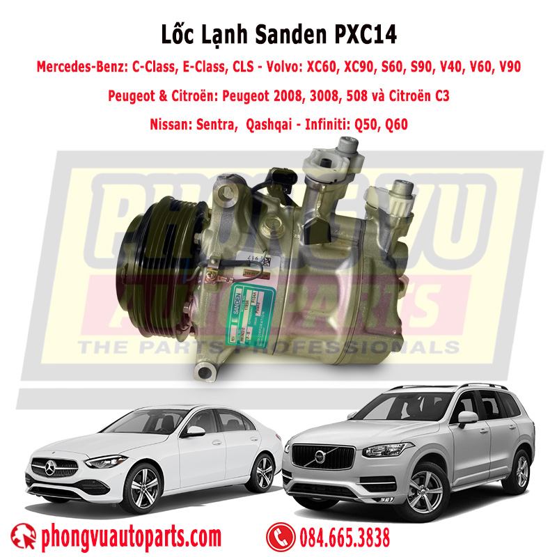 Lốc Lạnh Sanden PXC14 - Lốc lạnh Volvo - Lốc lạnh Mercedes - Lốc lạnh Infiniti - A0008303801, A0008303902, A0032306911, A0008303401, 31348965, 31469966, 36012480, 32224504