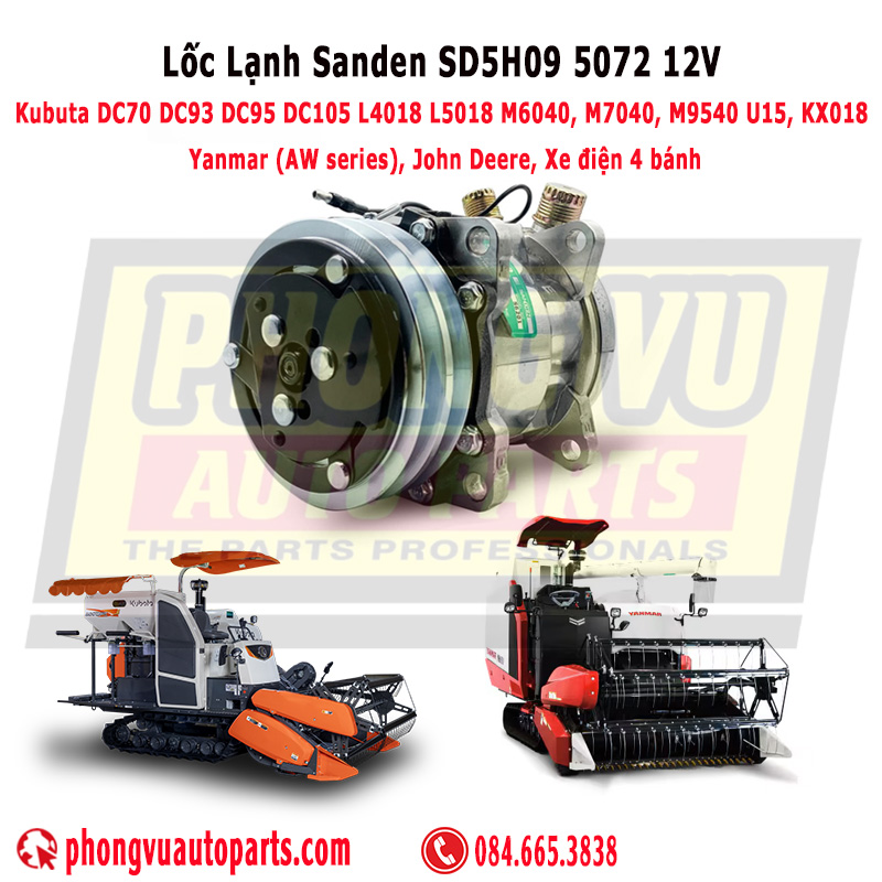 Lốc Lạnh Sanden SD5H09 5072 - Lốc lạnh máy gặt Yanmar, Lốc lạnh máy gặt Kubota - 