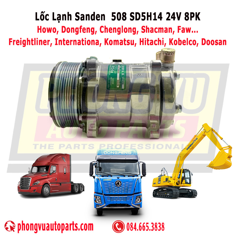Lốc Lạnh Sanden 508 24V 8PK Cho Xe Howo, Dongfeng, Chenglong, Xe Đầu Kéo Mỹ và Máy Công Trình  - SD5H14 (6629/6628)
