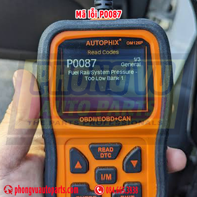 Mã lỗi P0087 (Fuel Rail/System Pressure - Too Low) cảnh báo áp suất trong ống Rail thấp hơn mức quy định, thường do van SCV bị kẹt đóng hoặc rò rỉ gioăng.