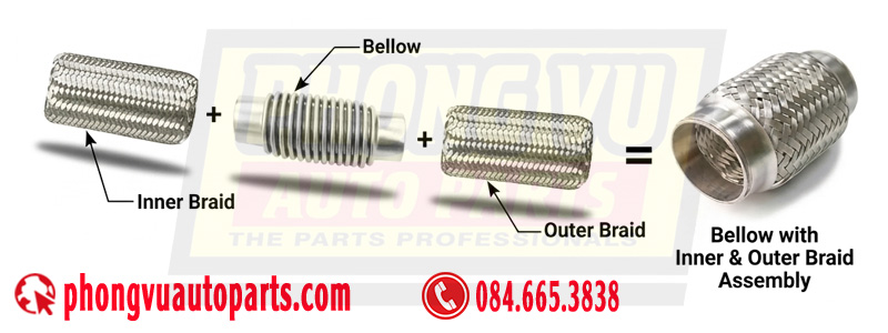 Ống xả mềm ba lớp có lưới lót trong -Braid-Bellows-Braid - Ruột gà lót lưới