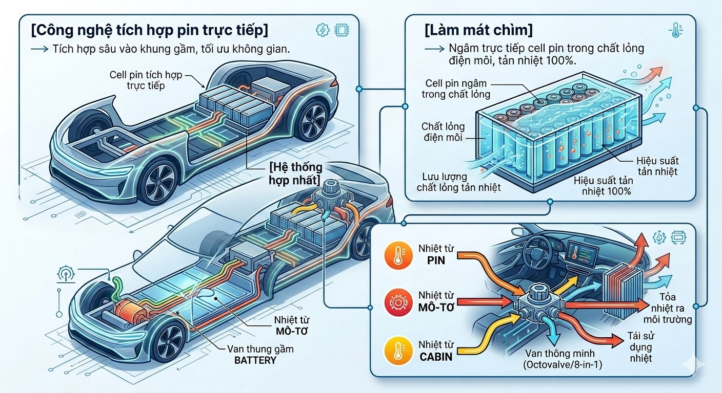 Sơ đồ mô tả công nghệ tích hợp pin trực tiếp, làm mát chìm và hệ thống mạch nhiệt hợp nhất trên xe điện